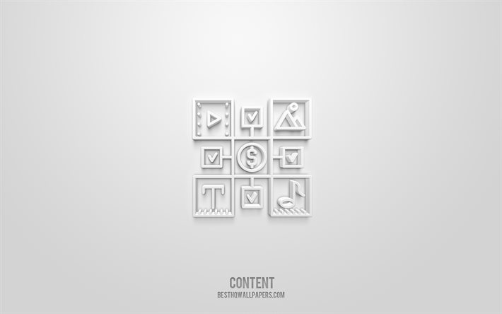 Content 3d icon, white background, 3d symbols, Content, Internet icons, 3d icons, Content sign, Internet 3d icons