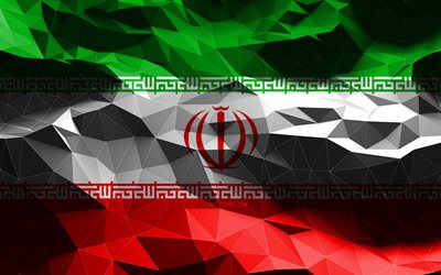 4k, drapeau iranien, art low poly, pays asiatiques, symboles nationaux, drapeau de l&#39;Iran, art 3D, Iran, Asie, drapeau 3D de l&#39;Iran