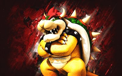 Bowser, Super Mario, Mario Party Star Rush, characters, red stone background, Super Mario main characters, Bowser Super Mario
