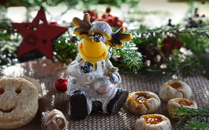 新年。, シカ, かわいいおもちゃ, クリスマス。, 鹿との背景, 冬。