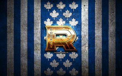 Laval Rocket flag, AHL, blue white metal background, canadian hockey team, Laval Rocket logo, Canada, hockey, golden logo, Laval Rocket