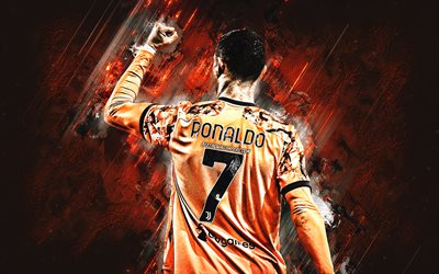 Cristiano Ronaldo, CR7, Juventus FC, orange Juventus uniform, orange sten bakgrund, Serie A, Italien, fotboll