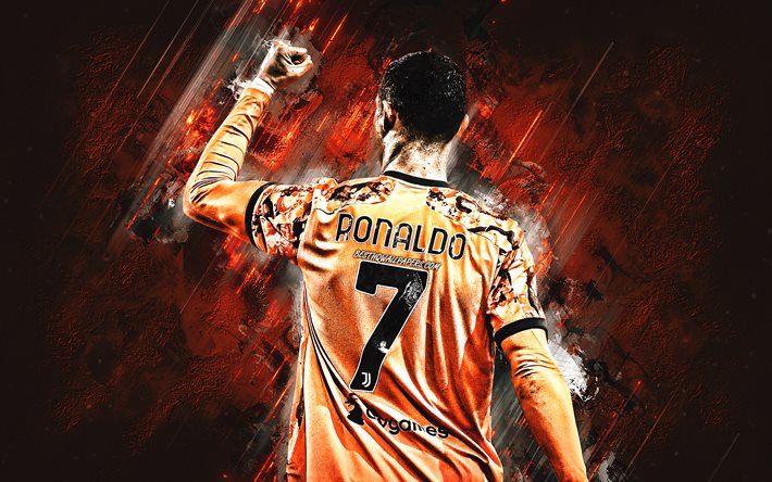 Cristiano Ronaldo, CR7, Juventus FC, orange Juventus uniform, orange stone background, Serie A, Italy, soccer