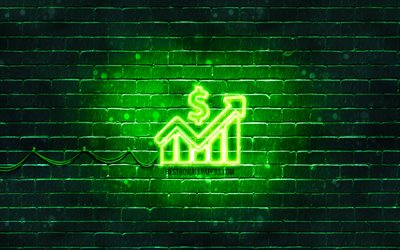 Icona al neon di aumento di denaro, 4K, sfondo verde, simboli al neon, aumento di denaro, icone al neon, segno di aumento di denaro, segni finanziari, icona di aumento di denaro, icone finanziarie