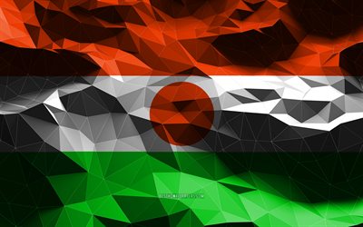 4k, ニジェールの国旗, 低ポリアート, アフリカ諸国, 国のシンボル, 3Dフラグ, Niger, アフリカ, ニジェールの3Dフラグ
