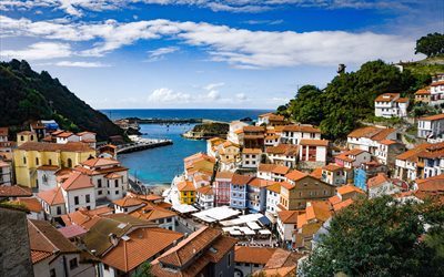 Cudillero, deniz manzarası, sahil, defne, evler, şehir manzarası, Cudillero Asturias, İspanya