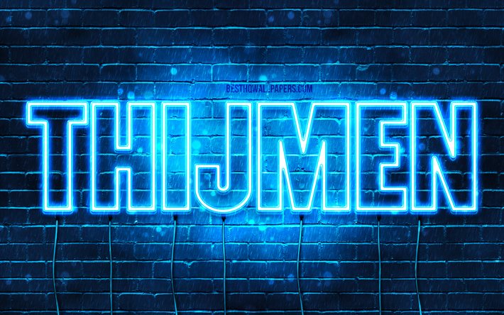 Thijmen, 4k, fonds d&#39;&#233;cran avec des noms, nom de Thijmen, n&#233;ons bleus, joyeux anniversaire Thijmen, noms masculins n&#233;erlandais populaires, photo avec le nom de Thijmen