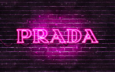 Prada lila logotyp, 4k, lila brickwall, Prada logotyp, modem&#228;rken, Prada neon logotyp, Prada