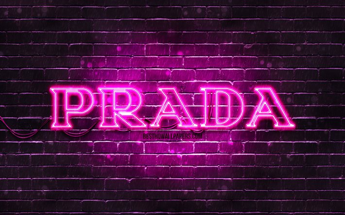 Prada logo violet, 4k, brickwall violet, logo Prada, marques de mode, logo Prada n&#233;on, Prada