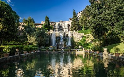 Villa d&#39;Este, Tivoli, lago, fontane, palazzo, Italia, giardino rinascimentale italiano