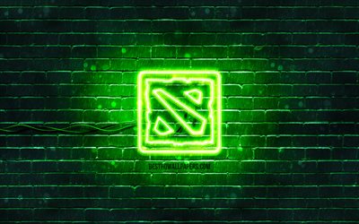 Logo verde Dota 2, 4k, muro di mattoni verde, logo Dota 2, opera d&#39;arte, logo neon Dota 2, Dota 2