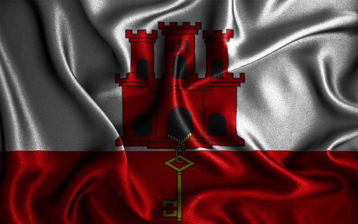 Gibraltar-flagga, 4k, v&#229;giga sidenflaggor, europeiska l&#228;nder, nationella symboler, Gibraltars flagga, tygflaggor, 3D-konst, Gibraltar, Europa, Gibraltar 3D-flagga
