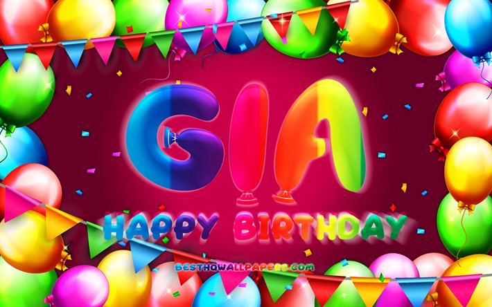 Joyeux anniversaire Gia, 4k, cadre ballon color&#233;, nom de Gia, fond violet, Gia joyeux anniversaire, anniversaire de Gia, noms f&#233;minins am&#233;ricains populaires, concept d&#39;anniversaire, Gia