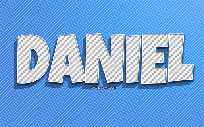 Daniel, fond de lignes bleues, fonds d&#39;&#233;cran avec des noms, nom de Daniel, noms masculins, carte de voeux Daniel, dessin au trait, photo avec le nom de Daniel