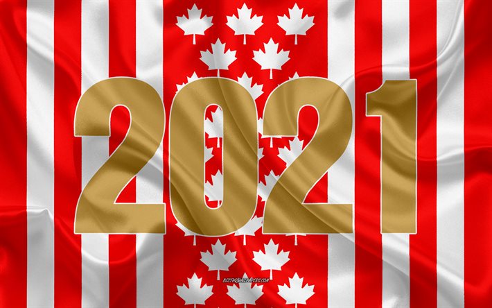 Canad&#225; 2021, 4k, 2021 Ano Novo, Canad&#225;, textura de seda, conceitos de 2021