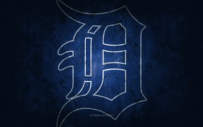 detroit tigers, amerikanisches baseballteam, синий steinhintergrund, detroit tigers logo, grunge art, mlb, baseball, usa, detroit tigers emblem