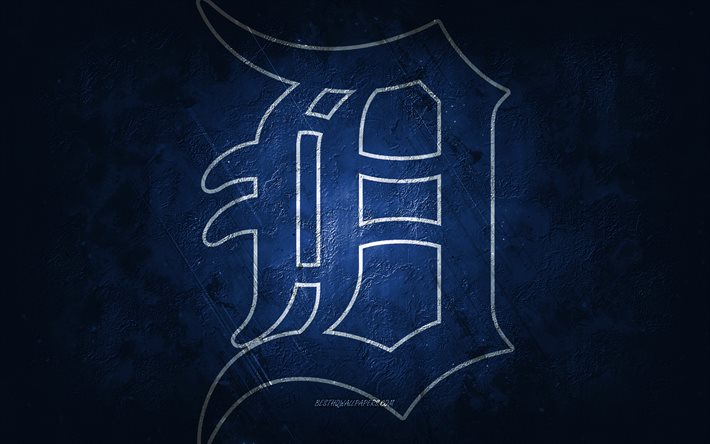 Detroit Tigers, time de beisebol americano, fundo de pedra синий, logotipo dos Detroit Tigers, arte grunge, MLB, beisebol, EUA, emblema dos Detroit Tigers