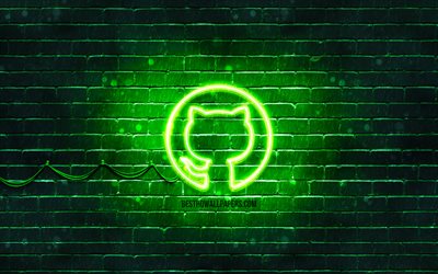 Logo verde Github, 4k, muro di mattoni verde, logo Github, social network, logo al neon Github, Github