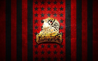 Grand Rapids Griffins -lippu, AHL, punainen musta metallitausta, amerikkalainen j&#228;&#228;kiekkojoukkue, Grand Rapids Griffins -logo, USA, j&#228;&#228;kiekko, kultainen logo, Grand Rapids Griffins