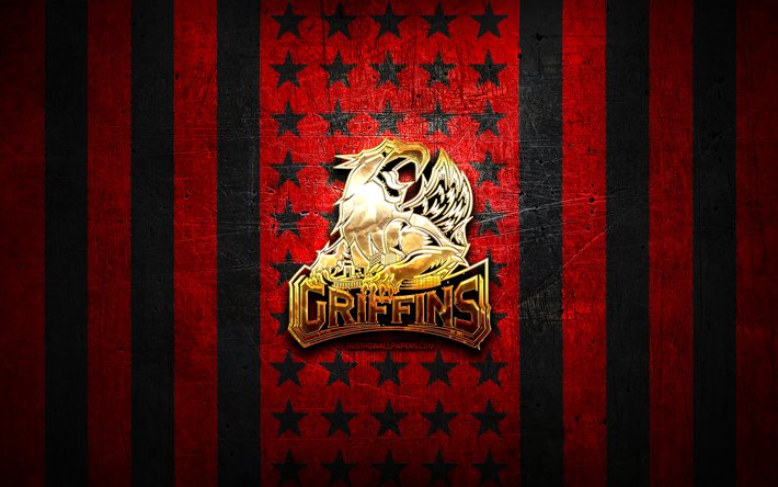 Grand Rapids Griffins flag, AHL, red black metal background, american hockey team, Grand Rapids Griffins logo, USA, hockey, golden logo, Grand Rapids Griffins