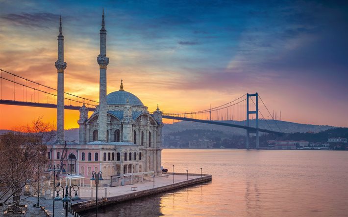 Moschea Ortakoy, Buyuk Mecidiye Camii, Bosforo, Istanbul, Ponte sul Bosforo, sera, tramonto, moschea, Turchia