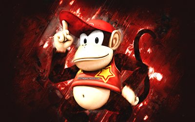 Diddy Kong, Super Mario, Mario Party Star Rush, characters, red stone background, Super Mario main characters, Diddy Kong Super Mario