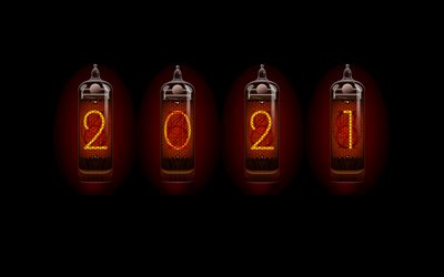 Fond de chiffres 2021, 4k, lampes Edison, lampes avec num&#233;ros 2021, fond noir, nouvel an 2021, concepts 2021
