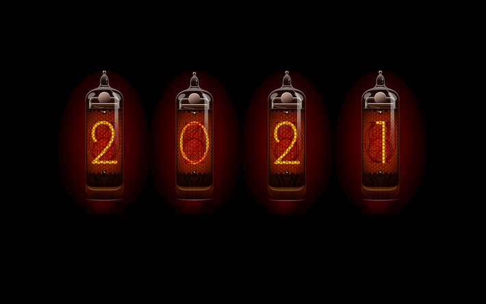 Sfondo cifre 2021, 4k, lampade Edison, lampade con numeri 2021, sfondo nero, Capodanno 2021, concetti 2021
