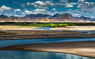 China, river, clouds, mountains, Tibet, shadows, oasis, Asia