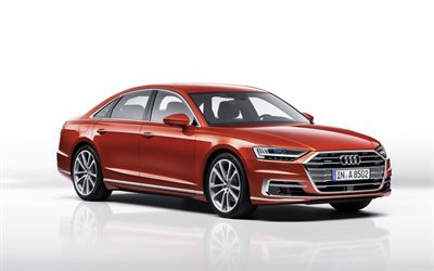 Audi A8, 4k, studio, 2018 autoja, punainen a8, saksan autoja, Audi