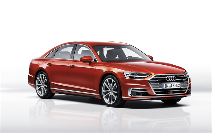 Audi A8, 4k, st&#252;dyo, 2018 araba, kırmızı a8, Alman otomobil, Audi