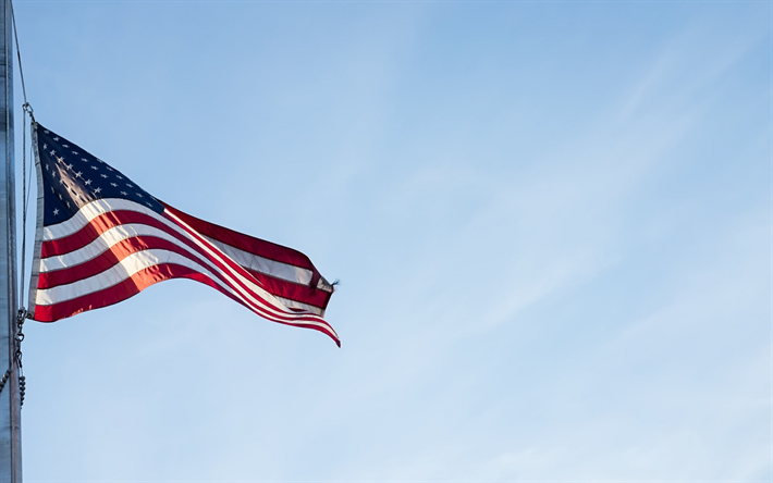 US flag, American flag, flagpole, blue sky, USA flag
