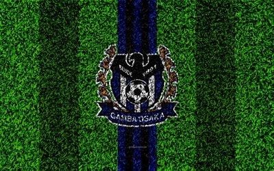 Gamba Osaka FC, 4k, logo, football lawn, japanese football club, blue black lines, grass texture, J1 League, Osaka, Japan, football, J-League, G-Osaka