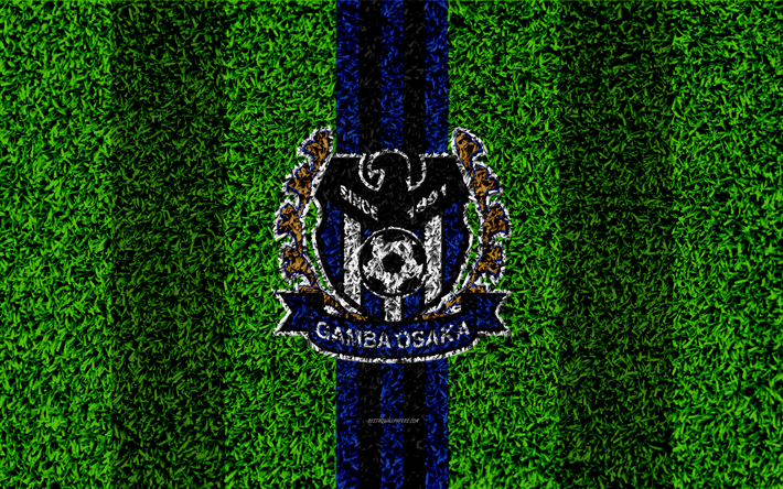 Il Gamba Osaka FC, 4k, logo, calcio prato, giapponese football club, blu, nero, linee, erba texture, J1 League, Osaka, in Giappone, il calcio, la J-League, G-Osaka