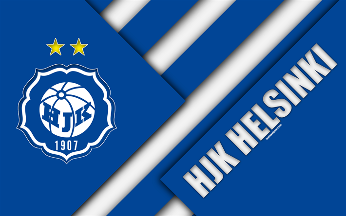 hjk-fc -, 4k -, logo -, material -, design -, blau-wei&#223;en abstraktion, die finnische fu&#223;ball-club, veikkausliiga, fu&#223;ball, helsinki, finnland, hjk helsinki, helsingin jalkapalloklubi