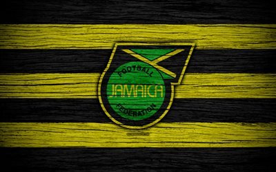 4k, Jamaica national football team, logo, North America, football, wooden texture, soccer, Jamaica, emblem, North American national teams, Jamaican football team