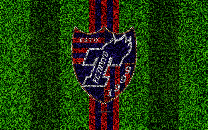 FC Tokyo, 4k, logo, football pelouse, japonais, club de football, bleu, rouge, texture d&#39;herbe, J1 Ligue, Tokyo, Japon, le football, la J-League