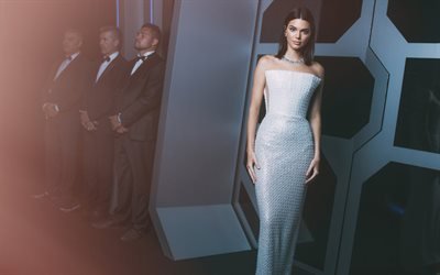 Kendall Jenner, luxuoso vestido branco, American top model, sess&#227;o de fotos, modelo de moda, morena, mulher bonita