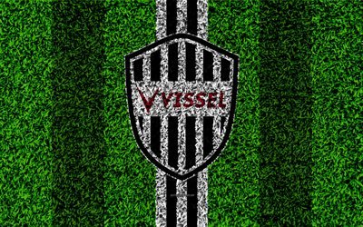 Vissel Kobe FC, 4k, logo, football lawn, Japanese football club, white black lines, grass texture, J1 League, Kobe, Japan, football, J-League