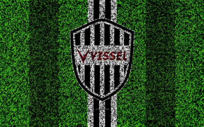 Vissel كوبي FC, 4k, شعار, كرة القدم العشب, الياباني لكرة القدم, البيضاء خطوط سوداء, العشب الملمس, J1 الدوري, كوبي, اليابان, كرة القدم, الدوري الياباني