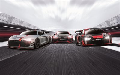 Audi Sport, 4k, deportivos, Audi RS3 LMS, Audi RS5 LMS, Audi R8 LMS, 2018 coches, pista de carreras, Pirelli World Challenge
