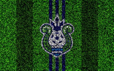 Shonan Bellmare FC, 4k, logo, jalkapallo nurmikko, japanilainen football club, sininen vihre&#228; linjat, ruohon rakenne, J1 League, Hiratsuka, jalkapallo, J-League