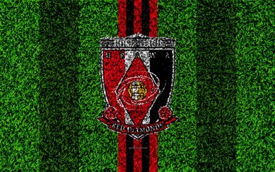 Urawa Red Diamonds FC, 4k, logo, football lawn, japanese football club, red black lines, grass texture, J1 League, Saitama, Japan, football, J-League, FC Urawa