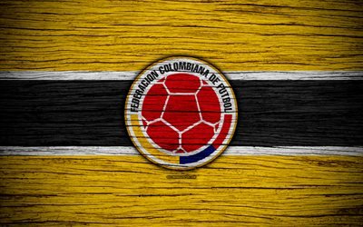 4k, Col&#244;mbia equipa nacional de futebol, logo, Am&#233;rica Do Norte, futebol, textura de madeira, Col&#244;mbia, emblema, Sul-Americano de sele&#231;&#245;es nacionais, Colombiano de time de futebol