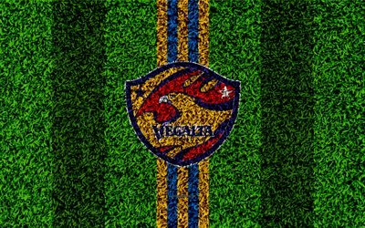 Vegalta Sendai FC, 4k, logo, football pelouse, japonais, club de football, jaune, bleu lignes, texture d&#39;herbe, J1 Ligue, Sendai, Miyagi, le Japon, le football, la J-League