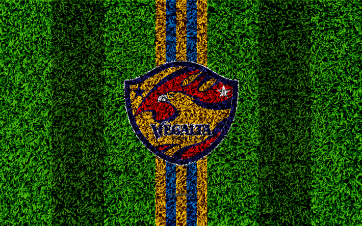 Vegalta Sendai FC, 4k, logo, football pelouse, japonais, club de football, jaune, bleu lignes, texture d&#39;herbe, J1 Ligue, Sendai, Miyagi, le Japon, le football, la J-League
