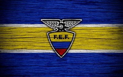 4k, Ekvador Milli Futbol Takımı, logo, Kuzey Amerika, futbol, ahşap doku, Ekvador, amblem, G&#252;ney Amerika milli takımları, Ekvador futbol takımı