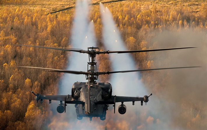 Ka-52 Alligator, Hokum B, Russian attack helicopter, missile launch, rocket fire, Russian Air Force, military helicopters
