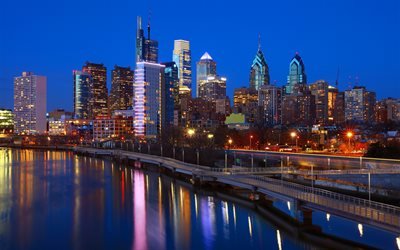 Philadelphia, Pennsylvania, stadsbilden, kv&#228;ll, stadens ljus, city line, skyskrapor, USA