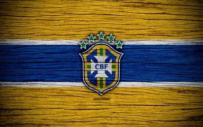 4k, Brazil national football team, logo, North America, football, wooden texture, soccer, Brazil, emblem, South American national teams, Brazilian football team
